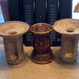 TWO BELIZE CLAY CANDLE HOLDERS & 1 BROWN GLASS CANDLE HOLDER